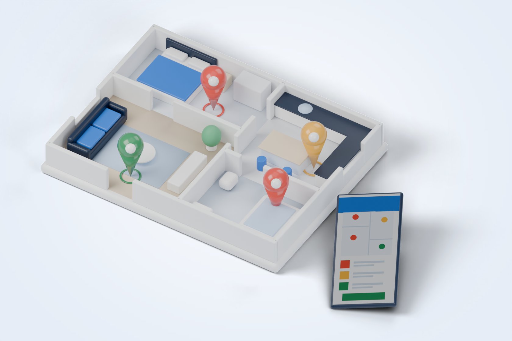A small 3D model of one building floor with red, amber and green pins standing in the rooms, beside a phone