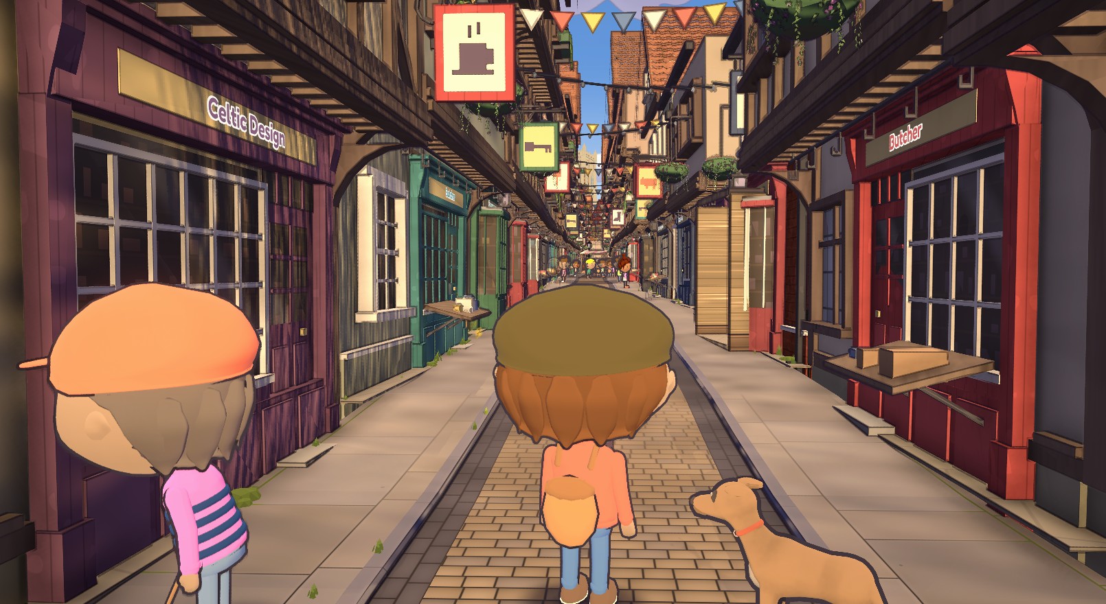 A chibi player in a flat cap walks their whippet down the cobbled Shambles in Echoes of York, past colourful overhanging shopfronts, hanging signs and bunting, with York Minster in the distance.